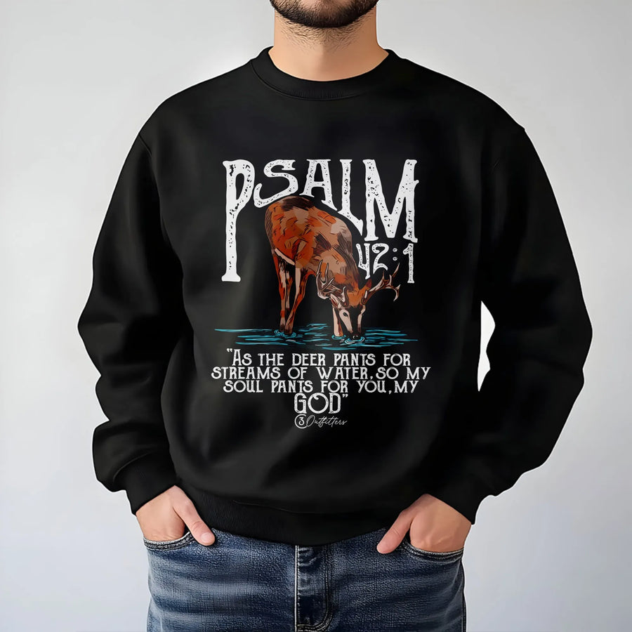 Psalm 42:1 Deer Sweatshirt | Christian Faith Scripture Graphic | Premium Cotton Blend Crewneck | Religious Hunting Gift For Men And Women