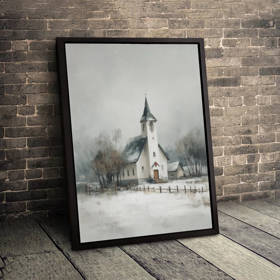 Winter Church Canvas Wall Art | Snowy Country Landscape Painting | Premium Gallery Wrap Print | Seasonal Holiday Home Decor Gift