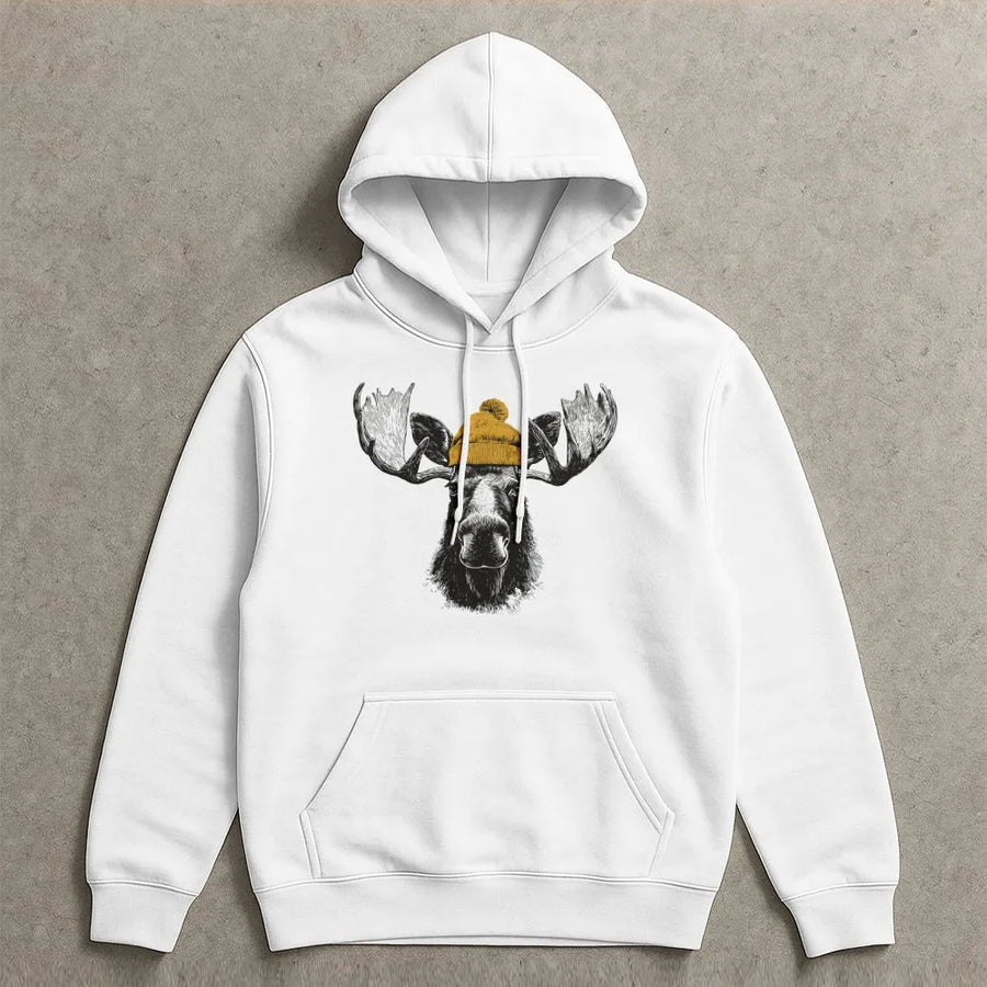 Moose Hoodie | Cute Bull Moose Wearing Beanie Graphic | Premium Soft Cotton Blend | Wildlife Lover Gift Unisex Christmas Sweatshirt