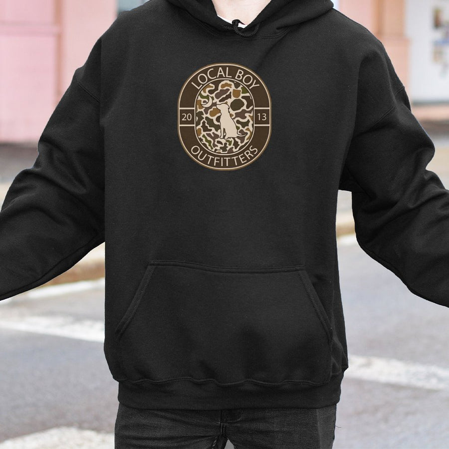 Camo Hunting Dog Hoodie | Vintage Retriever Outdoor Aesthetic | Premium Cotton-Blend Pullover | Perfect Gift For Duck Hunters And Dog Lovers