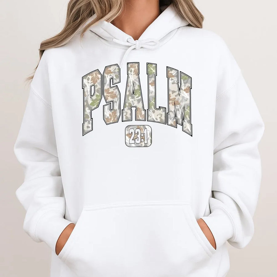 Psalm 23:1 Hoodie | Camo Varsity Letter Graphic | Premium Cotton Blend | Christian Faith Gift for Men and Women