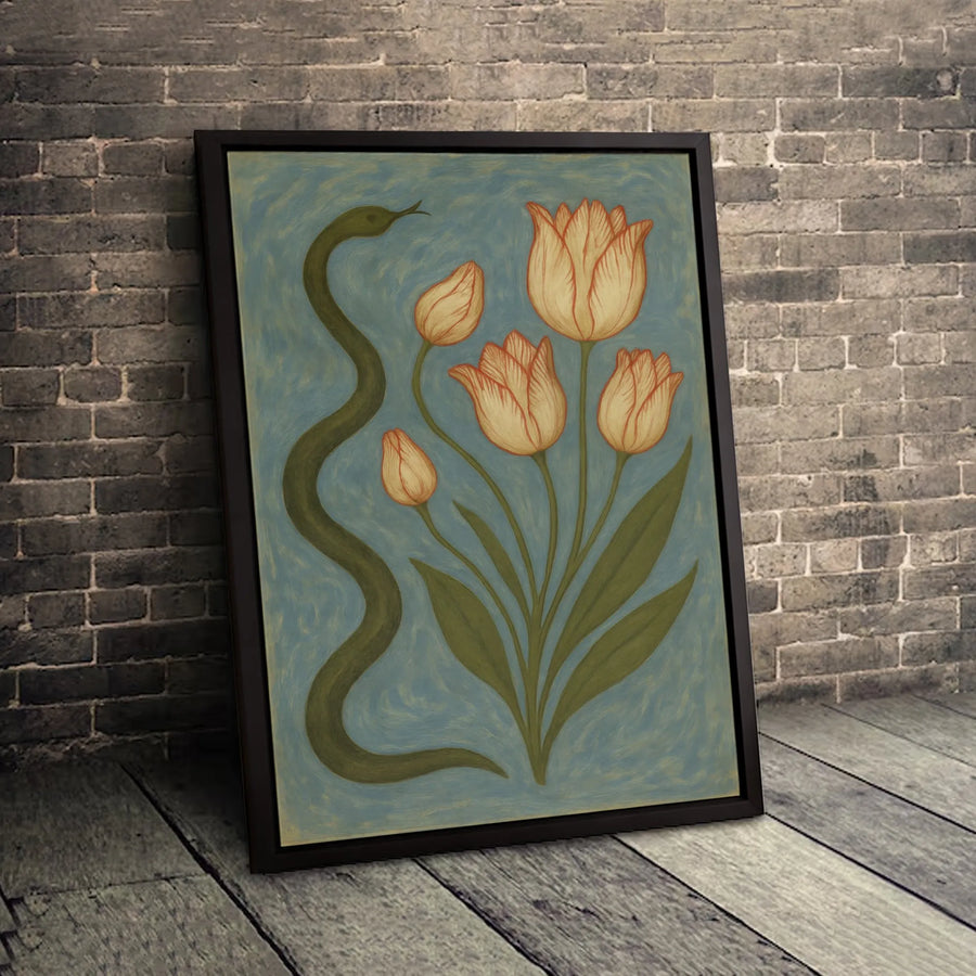 Snake and Tulip Flower Canvas Wall Art | Botanical Serpent Illustration | Premium Gallery Wrapped Print | Nature Inspired Home Decor Gift