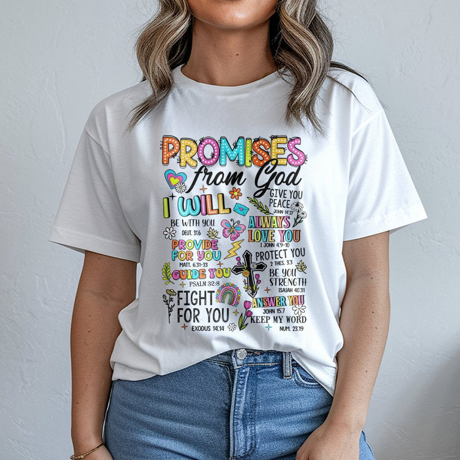 Promises From God Bible Verse T-Shirt | Colorful Scripture Faith Design | Premium 100% Cotton Apparel | Inspirational Christian Gift for Women