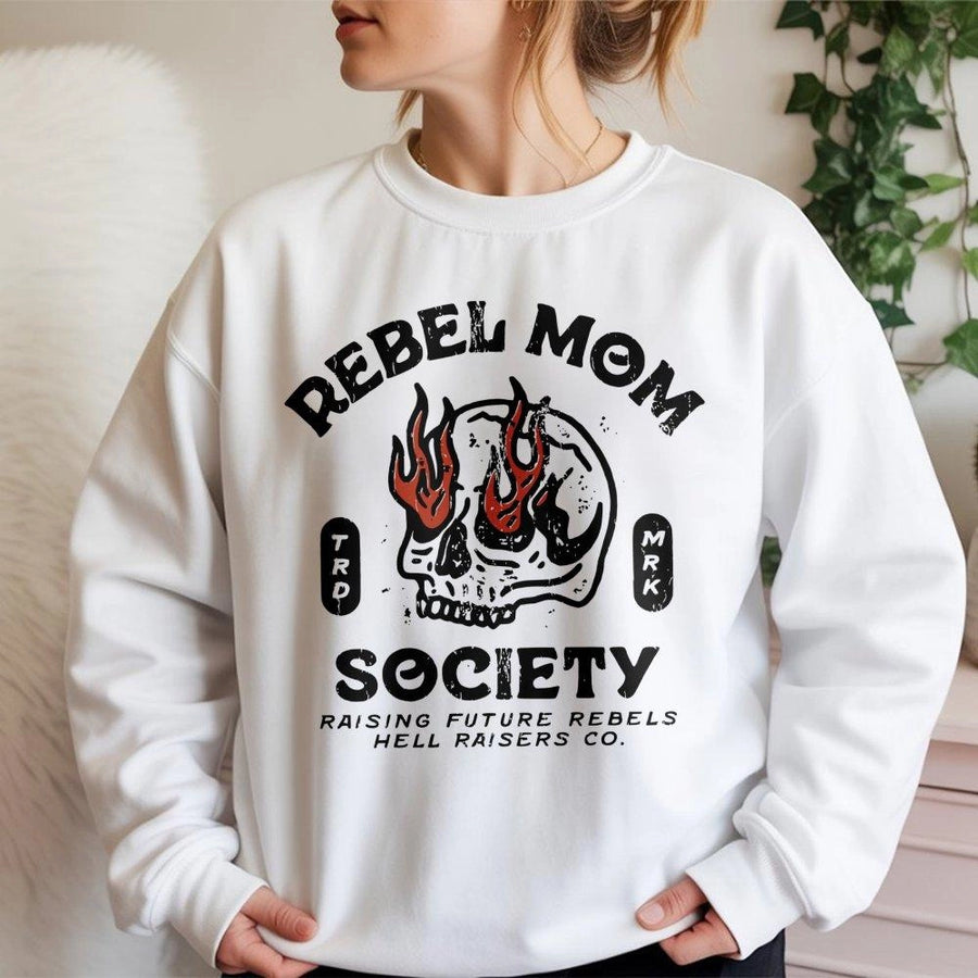 Rebel Mom Society Sweatshirt | Retro Grunge Skull Graphic Design | Premium Cotton Blend Comfort | Edgy Mama Gift for Cool Moms