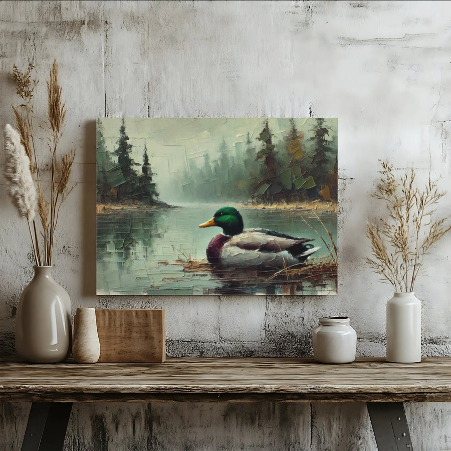 Mallard Duck Canvas Wall Art | Impasto Oil Painting Style Print | 1.25-Inch Gallery Wrap Frame | Rustic Lodge Decor for Nature Lovers