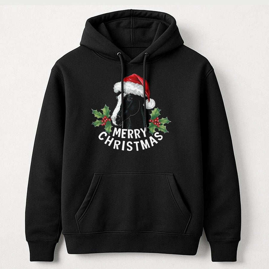 Horse Merry Christmas Hoodie | Festive Santa Hat Equestrian Graphic | Premium Soft Fleece Pullover | Cute Animal Lover Holiday Gift For Her