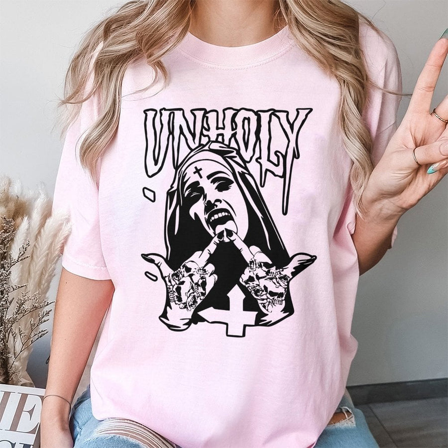 Unholy Nun Graphic T-Shirt | Edgy Gothic Skull Art Design | Premium 100% Cotton Apparel | Alternative Streetwear Gift For Men & Women