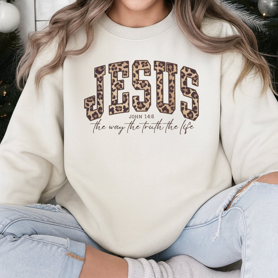 Jesus Sweatshirt | Cheetah Print Bible Verse John 14:6 | Premium Cotton Blend Crewneck | Trendy Faith Gift for Women and Men