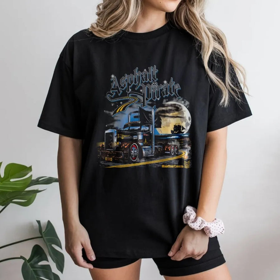 Asphalt Pirate Trucker T-Shirt | Retro Big Rig Graphic Crewneck | Plush Cotton Blend | Unique Gift for Truck Drivers & Semi Fans
