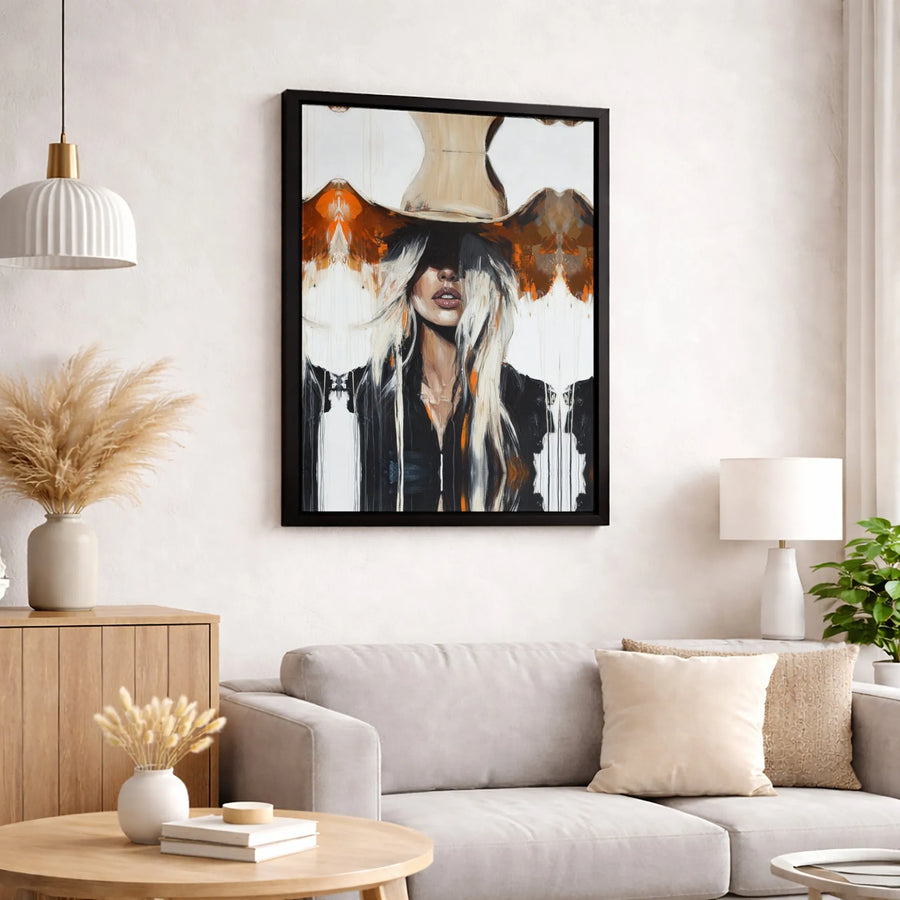 Cowgirl Wall Art | Abstract Blonde Woman Cowboy Hat Portrait | Gallery Quality 1.25" Canvas | Modern Western Home Decor Gift