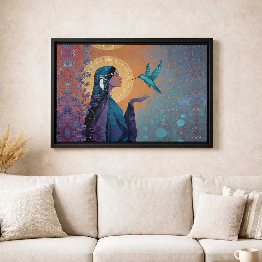 Indigenous Woman Hummingbird Canvas Print | Spiritual Native American Wall Art | Premium Fade-Resistant Gallery Wrap | Boho Home Decor Gift