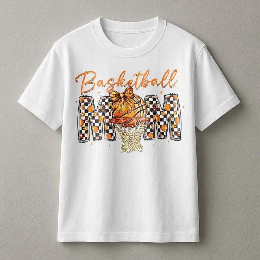 Basketball Mom T-Shirt | Coquette Bow Checkered Sports Design | 100% Soft Cotton Tee | Premium Game Day Gift for Basketball Mama
