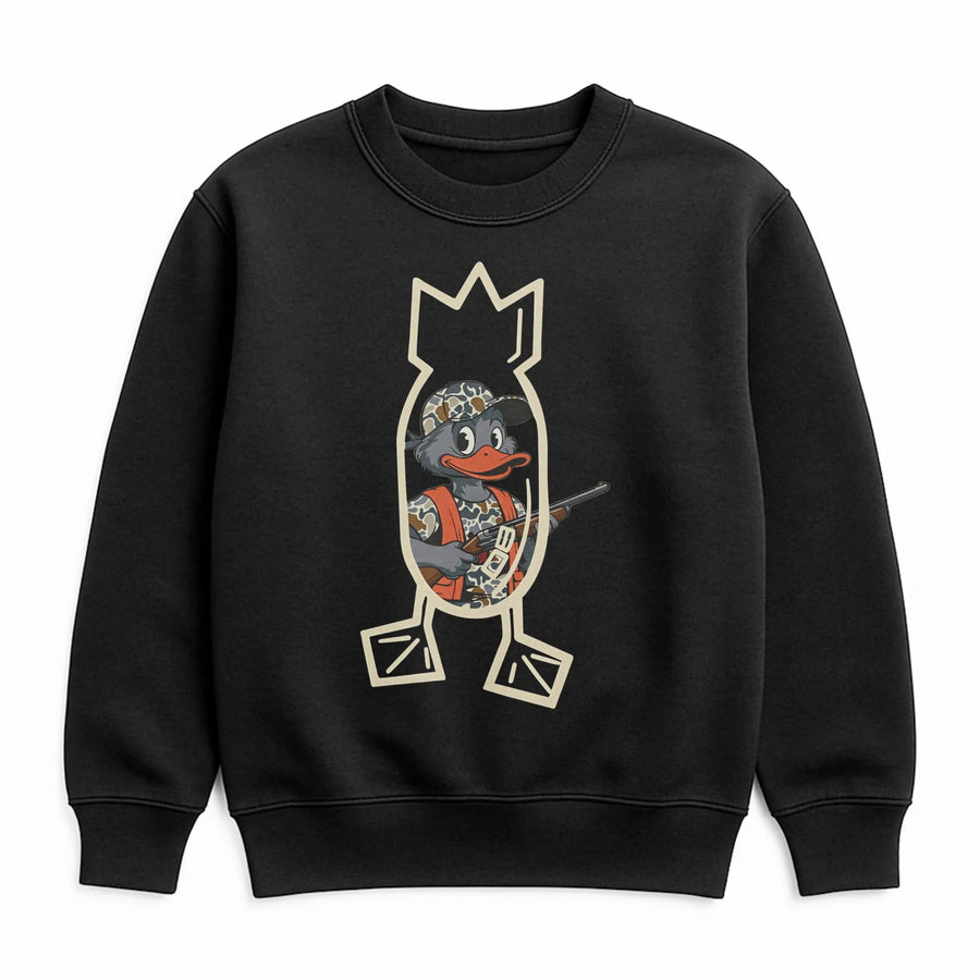 Duck Hunting Sweatshirt | Camo Hunter Cartoon Graphic | Premium Cotton Blend Crewneck | Outdoor Waterfowl Wildlife Gift For Men