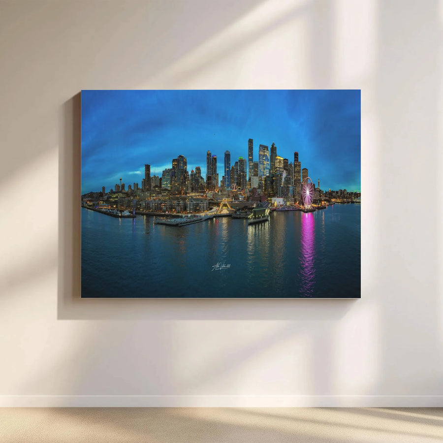 Seattle Skyline Canvas Wall Art | Panoramic Cityscape Photography at Night | Premium Fade-Resistant Print | Modern Living Room & Office Decor Gift