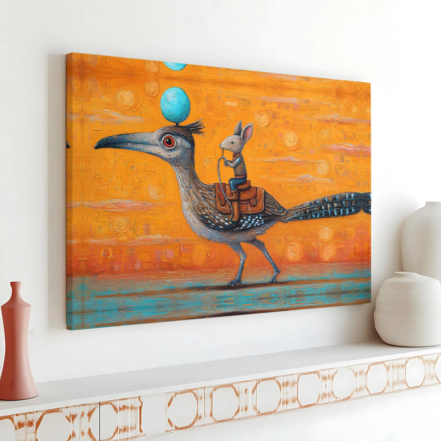 Whimsical Mouse Riding Roadrunner Horizontal Canvas | Surreal Desert Painting Style Print | Premium 1.25" Gallery Wrap | Unique Fantasy Art Gift for Living Room