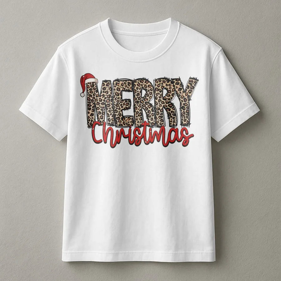 Merry Christmas T-Shirt | Leopard Print Santa Hat Graphic | Premium Soft Cotton Holiday Tee | Festive Gift for Her