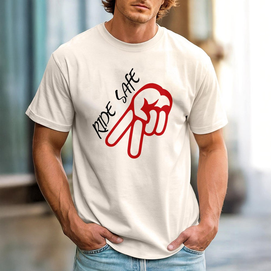 Ride Safe Biker T-Shirt | Motorcycle Hand Peace Sign Graphic | 100% Cotton Premium Apparel | Gift for Motorcycle Riders and Motorcyclists
