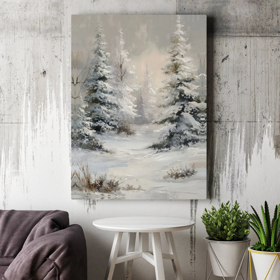 Winter Forest Canvas Wall Art | Snowy Pine Tree Landscape Print | Gallery Wrapped Premium Decor | Serene Nature Artwork for Living Room Gift