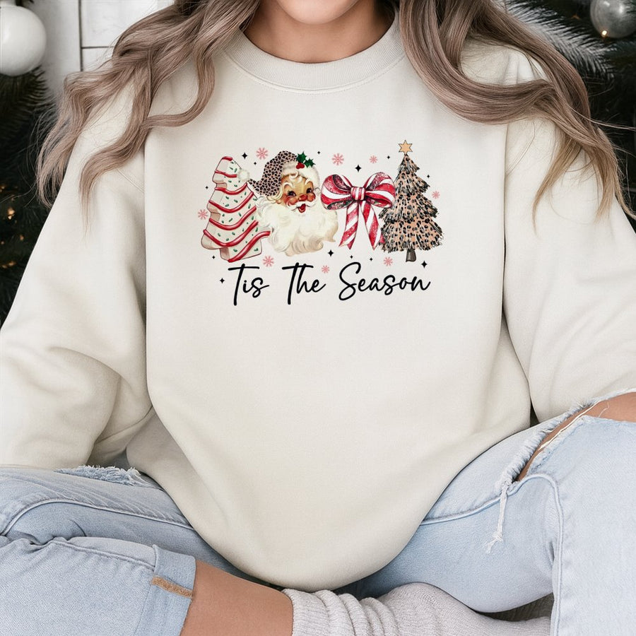 Tis The Season Christmas Sweatshirt | Leopard Print Santa & Bow Graphic | Premium Cotton Blend | Holiday Gift For Women & Family