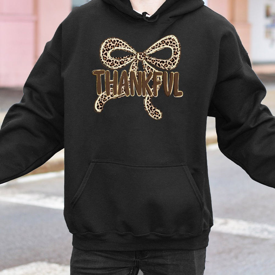 Thankful Leopard Bow Hoodie | Preppy Fall Coquette Aesthetic Graphic | Premium Cotton Blend | Trendy Thanksgiving Gift For Her
