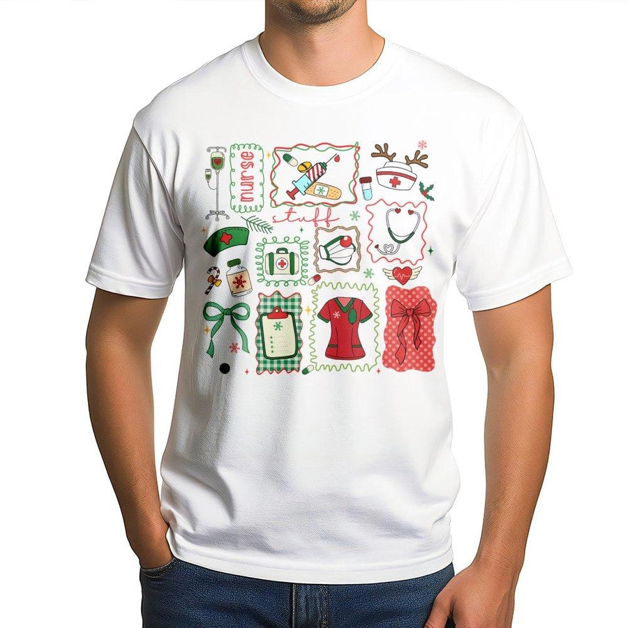 Christmas Nurse T-Shirt | Holiday Medical Supplies Graphic | Premium 100% Cotton Tee | Cute RN Gift for Christmas Parties