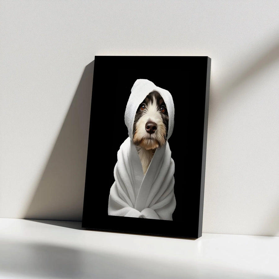 Funny Dog Canvas Wall Art | Dog in Bathrobe Portrait | Premium Gallery Wrapped Canvas | Gift for Dog Lover Bathroom Decor