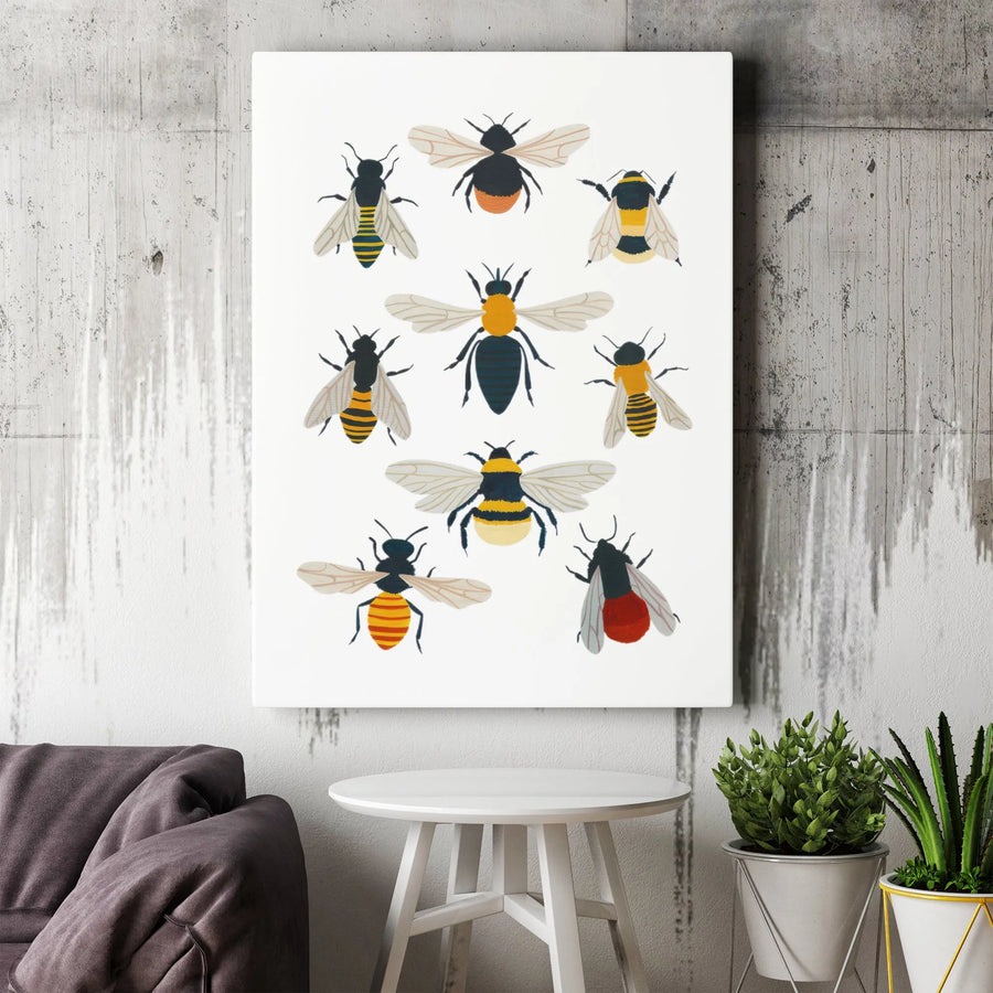 Bee Wall Art Canvas | Illustrated Honey Bee Collection | Premium Gallery Wrapped Decor | Nature Lover Gift for Home Office