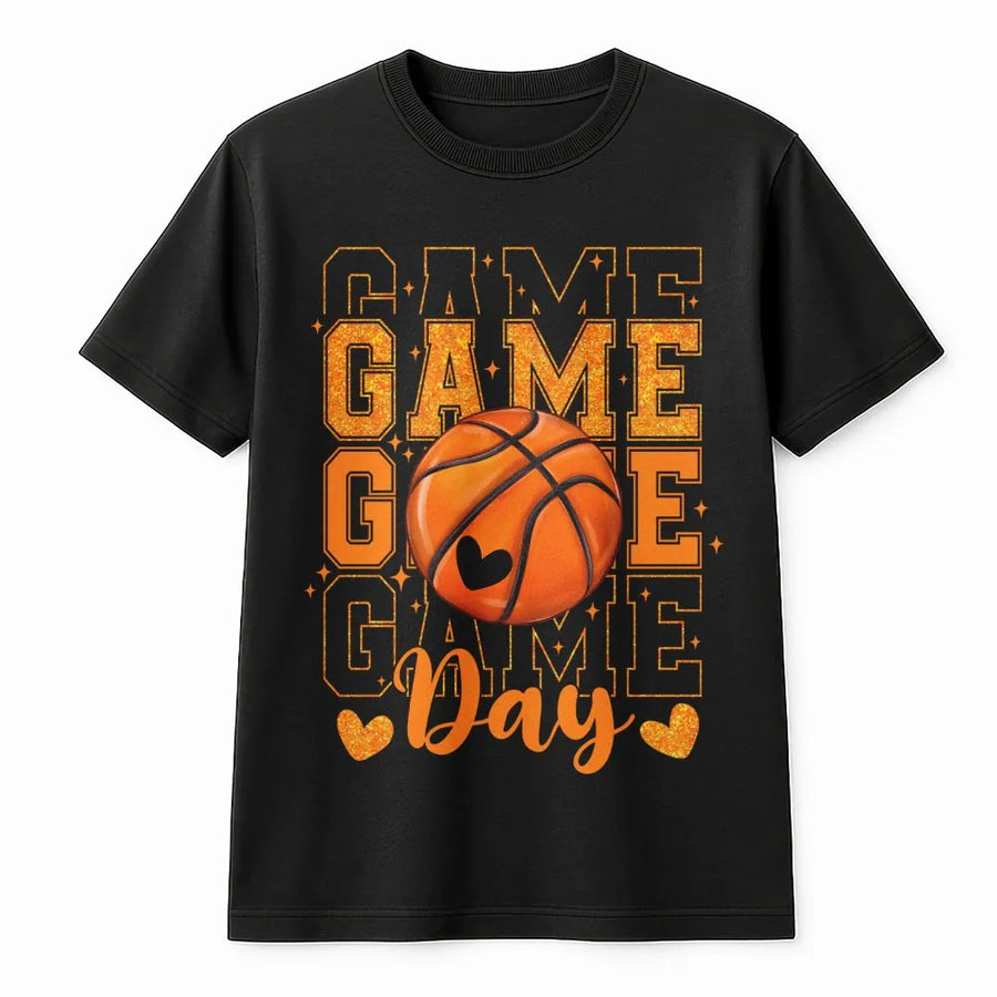 Basketball Game Day T-Shirt | Glitter Heart Graphic Print | Premium Soft Cotton | Basketball Mom Gift For Sports Fan