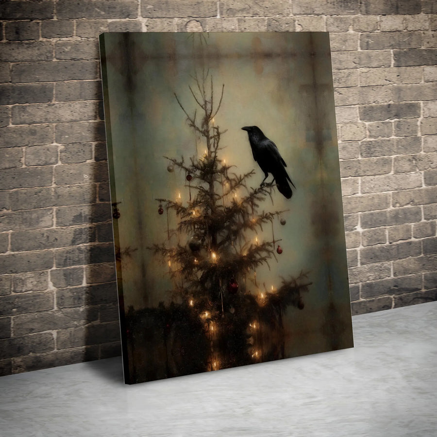 Gothic Christmas Tree Canvas Art | Dark Academia Raven Wall Decor | Premium Stretched Gallery Wrap | Unique Spooky Holiday Gift for Home