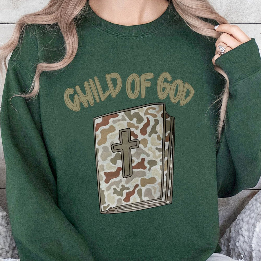 Child Of God Sweatshirt | Camo Bible Graphic Faith Pullover | Premium Cotton Blend Crewneck | Christian Gift for Men and Women