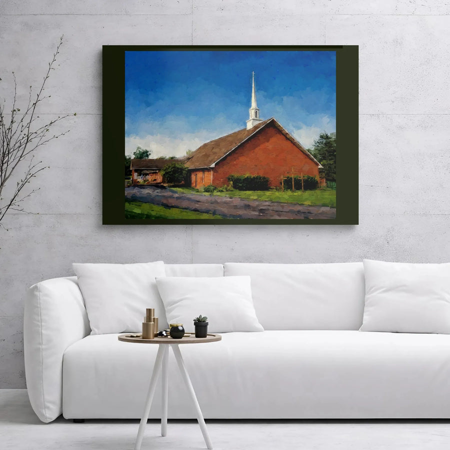 Country Church Canvas Art | Red Brick Building with White Steeple | Premium Gallery Wrap | Religious Home Decor and Christian Wall Print