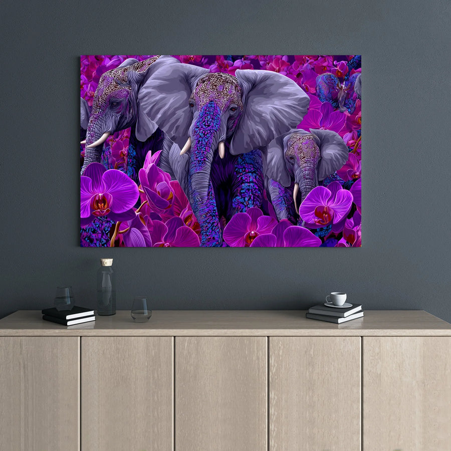 Elephant Family Canvas Wall Art | Purple Orchid Floral Print | Premium Gallery Wrap Decor | Nature Wildlife Home Gift