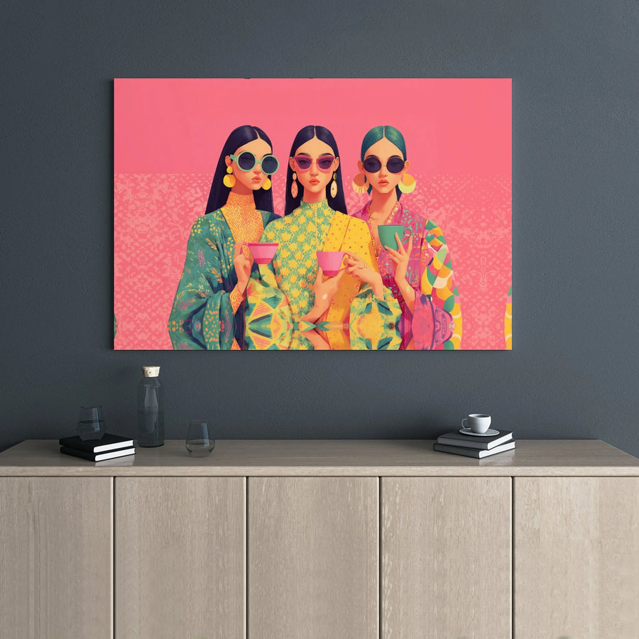 Fashionable Women Canvas Print | Three Girls Drinking Tea Wall Art | 1.25-Inch Gallery Wrap Decor | Stylish Pop Art Gift for Her Home Office