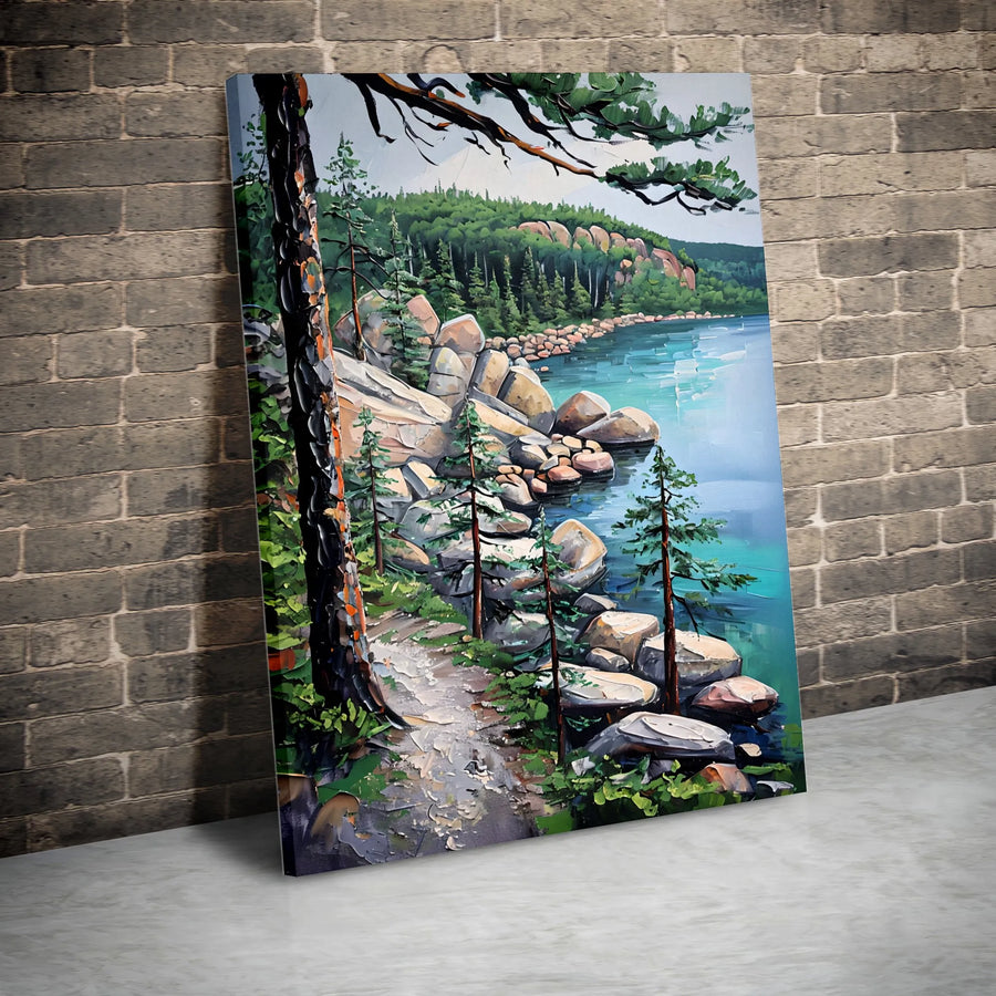 Rocky Lakeside Trail Canvas Wall Art | Impressionist Pine Forest Landscape | 1.25" Premium Gallery Wrapped | Nature Lover Gift Decor