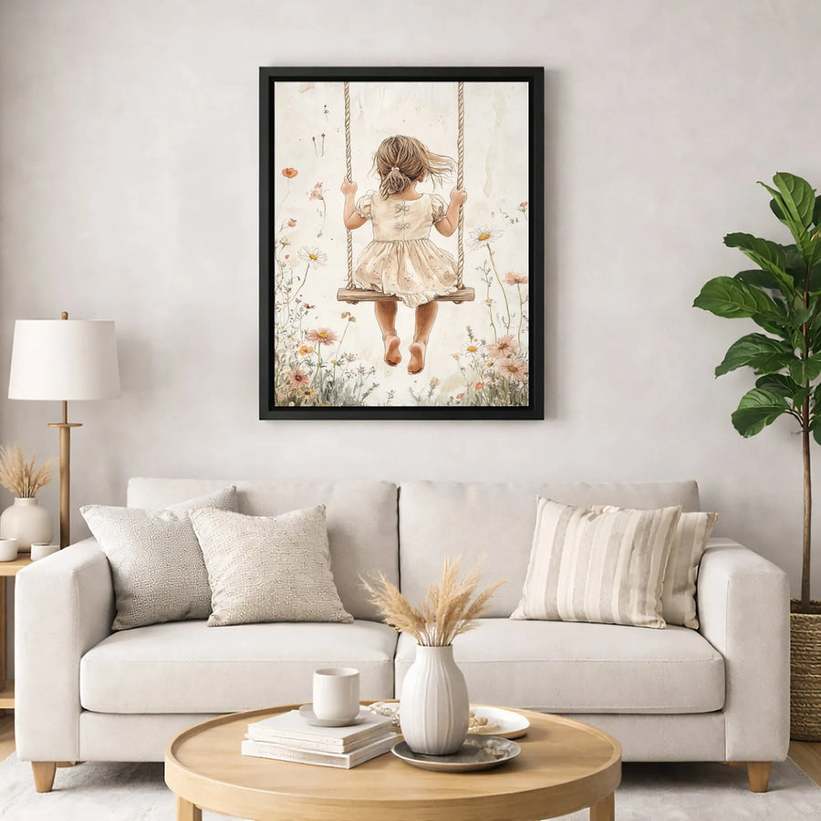 Girl on a Swing Wall Art | Watercolor Wildflower Meadow Print | Premium 1.25-Inch Gallery Canvas | Whimsical Nursery & Home Decor Gift