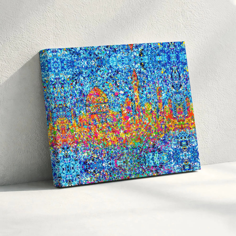 Jerusalem Skyline Canvas Art | Abstract Colorful Paint Splatter Wall Decor | 1.25” Thick Gallery Wrap | Premium Holy City Gift for Home Office