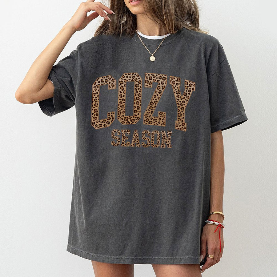 Cozy Season T-Shirt | Leopard Print Varsity Letter Graphic | Premium 100% Cotton | Fall Aesthetic Gift for Her