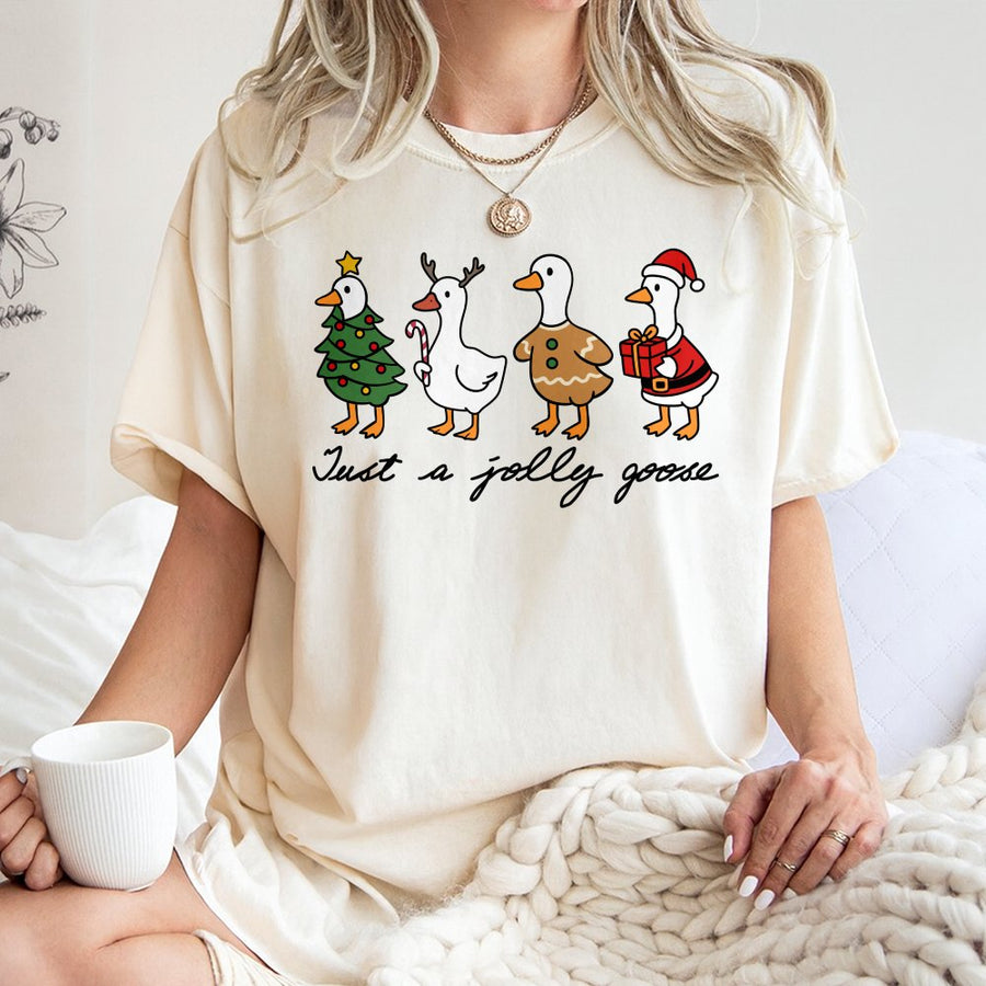Just A Jolly Goose T-Shirt | Funny Christmas Duck Design | 100% Cotton Premium Tee | Cute Holiday Gift for Goose Lovers