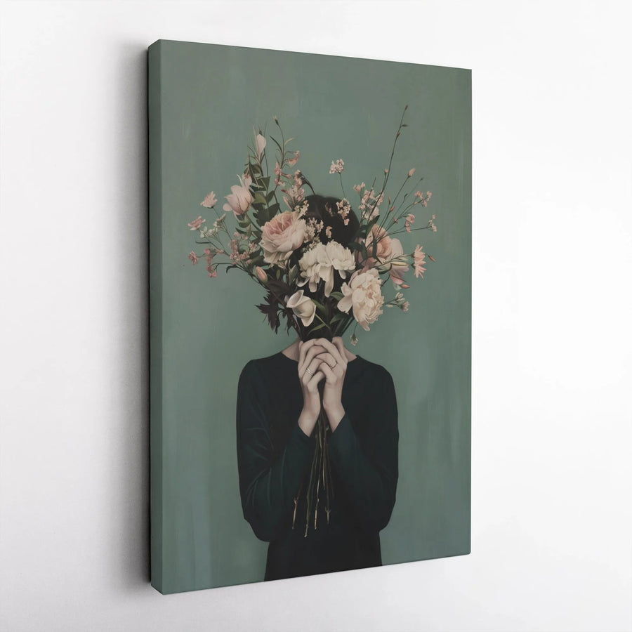Surreal Floral Portrait Canvas | Moody Botanical Wall Art with Woman Holding Bouquet | Premium Fade-Resistant Print | Modern Dark Academia Home Decor Gift