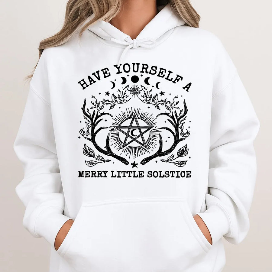 Merry Little Solstice Hoodie | Witchy Pentagram & Moon Phases Graphic | Premium Cotton Blend | Pagan Christmas Gift for Her
