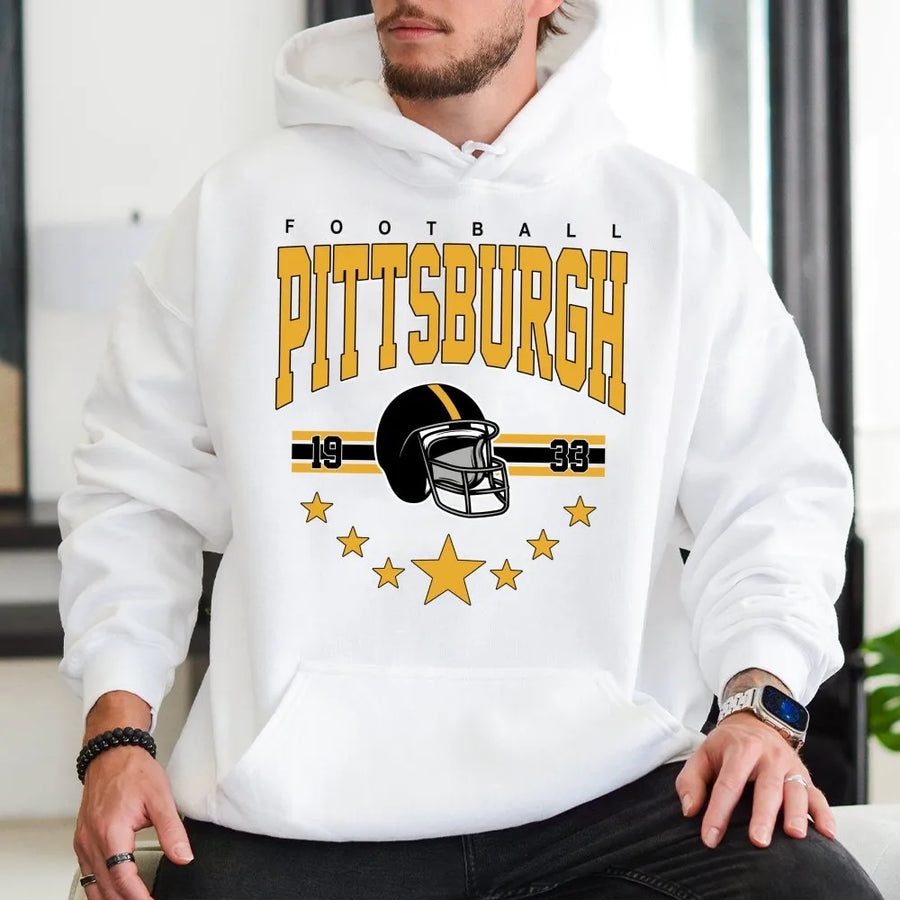 Pittsburgh Football Hoodie | Vintage Retro Helmet Graphic | Premium Cotton Blend Sweatshirt | Gift For Pennsylvania Sports Fans