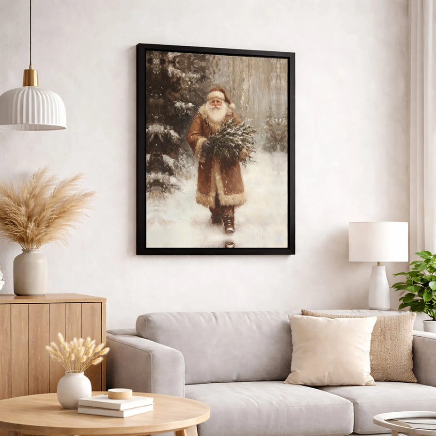 Vintage Santa Claus Wall Art | Snowy Forest Christmas Tree Print | Premium Gallery-Wrapped Canvas | Festive Holiday Home Decor Gift