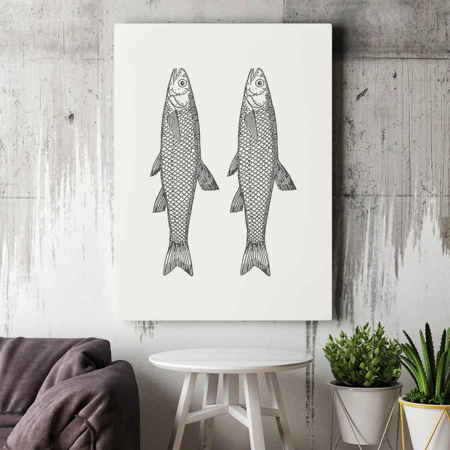 Minimalist Fish Wall Art | Two Fish Line Drawing Print | Premium Gallery Wrap Canvas | Coastal Decor Gift for Home or Office