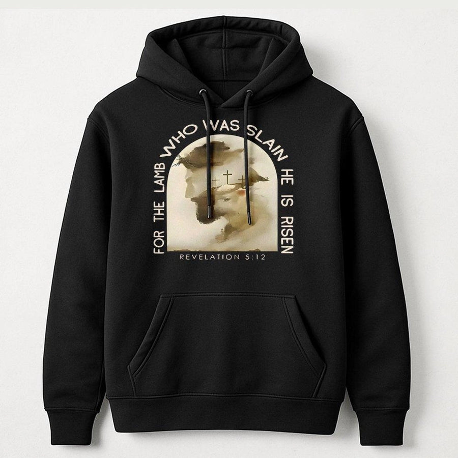 Lamb Who Was Slain Hoodie | Revelation 5:12 Bible Verse Graphic | Premium Cotton Blend | Christian Religious Faith Gift for Men and Women