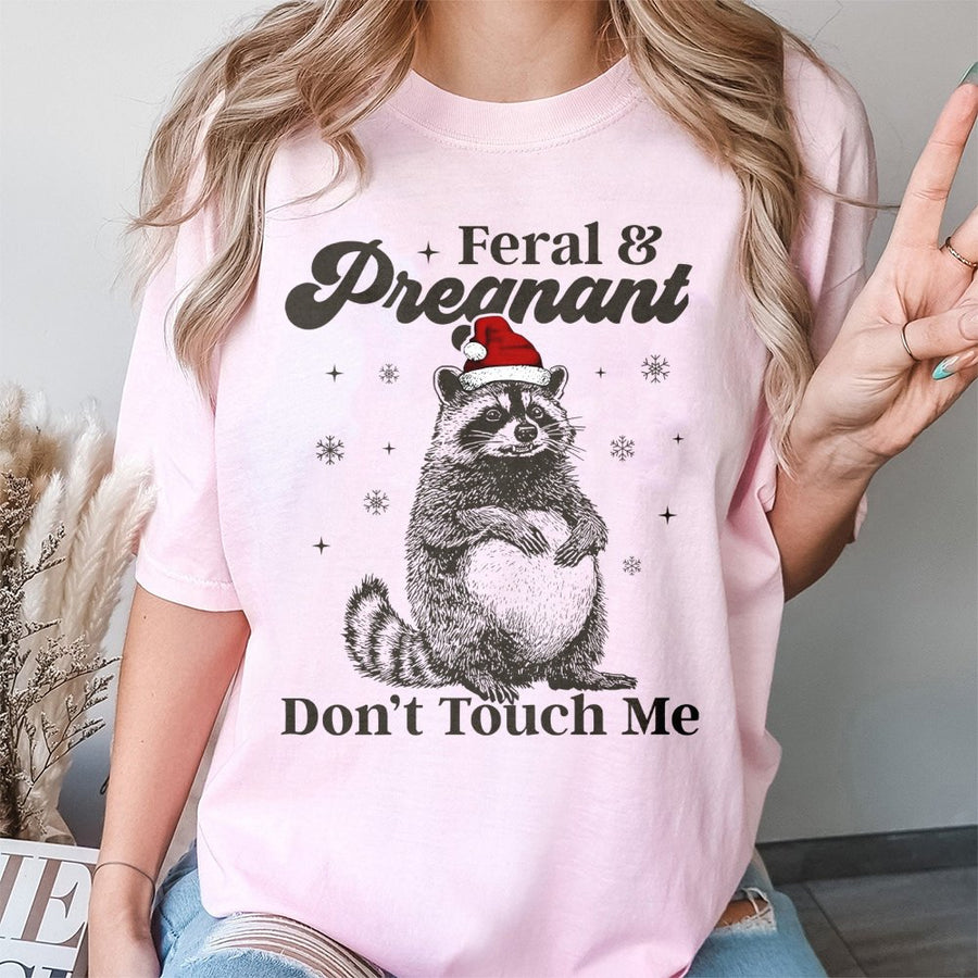 Feral and Pregnant T-Shirt | Funny Christmas Raccoon Graphic | 100% Cotton Premium Quality | Maternity Holiday Humor Gift for Expecting Mom