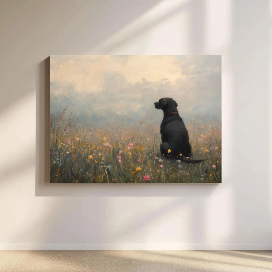 Black Labrador Canvas Art | Impressionist Wildflower Meadow Painting | Premium Gallery Wrap Print | Dog Lover Home Decor Gift