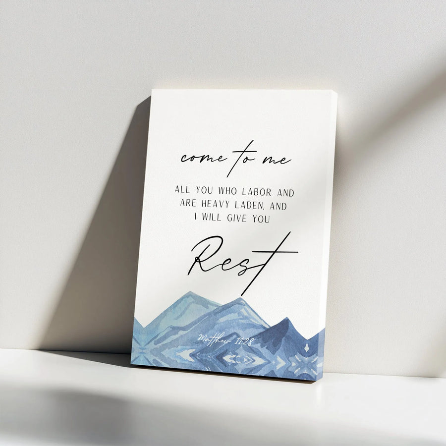 Christian Scripture Canvas | Matthew 11:28 'I Will Give You Rest' Bible Verse Art | Watercolor Mountain Design | Premium Christian Gift