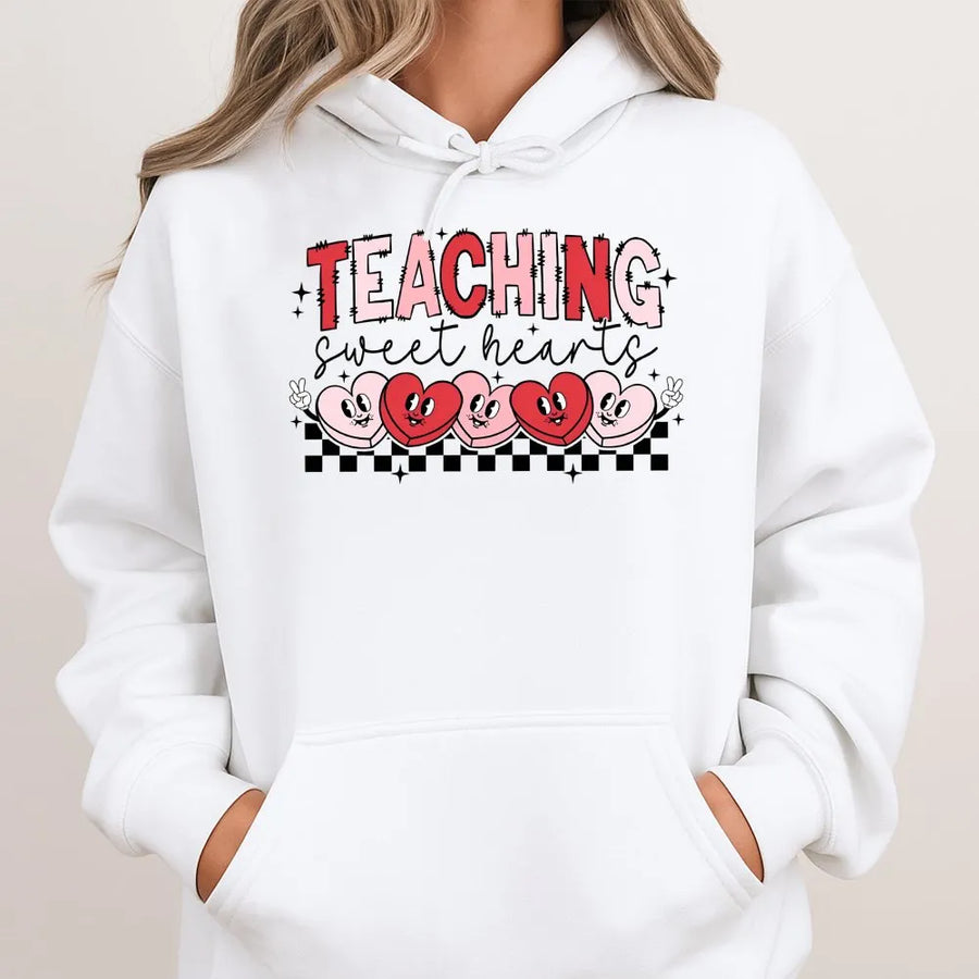 Teaching Sweethearts Hoodie | Retro Valentine Teacher Graphic | Premium Cotton Blend | Teacher Appreciation Gift for Her