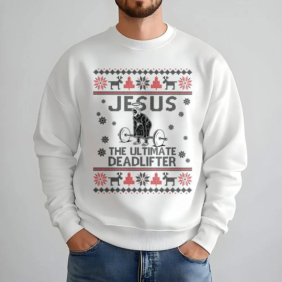 Jesus Deadlifter Ugly Christmas Sweatshirt | Funny Weightlifting Gym Holiday Sweater | Premium Cotton Blend | Christian Fitness Gift for Men and Women