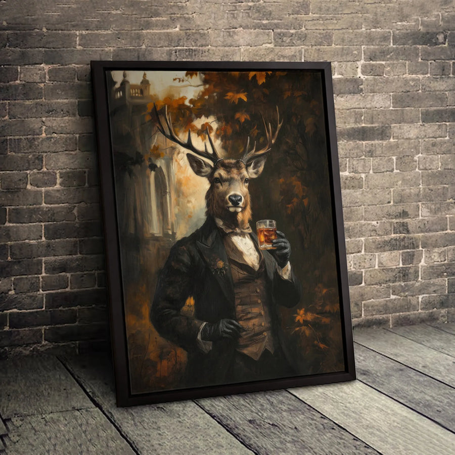 Distinguished Deer Portrait Canvas | Gentleman Stag in Suit with Whiskey | 1.25-Inch Gallery Wrap | Sophisticated Bar Wall Art for Home or Office